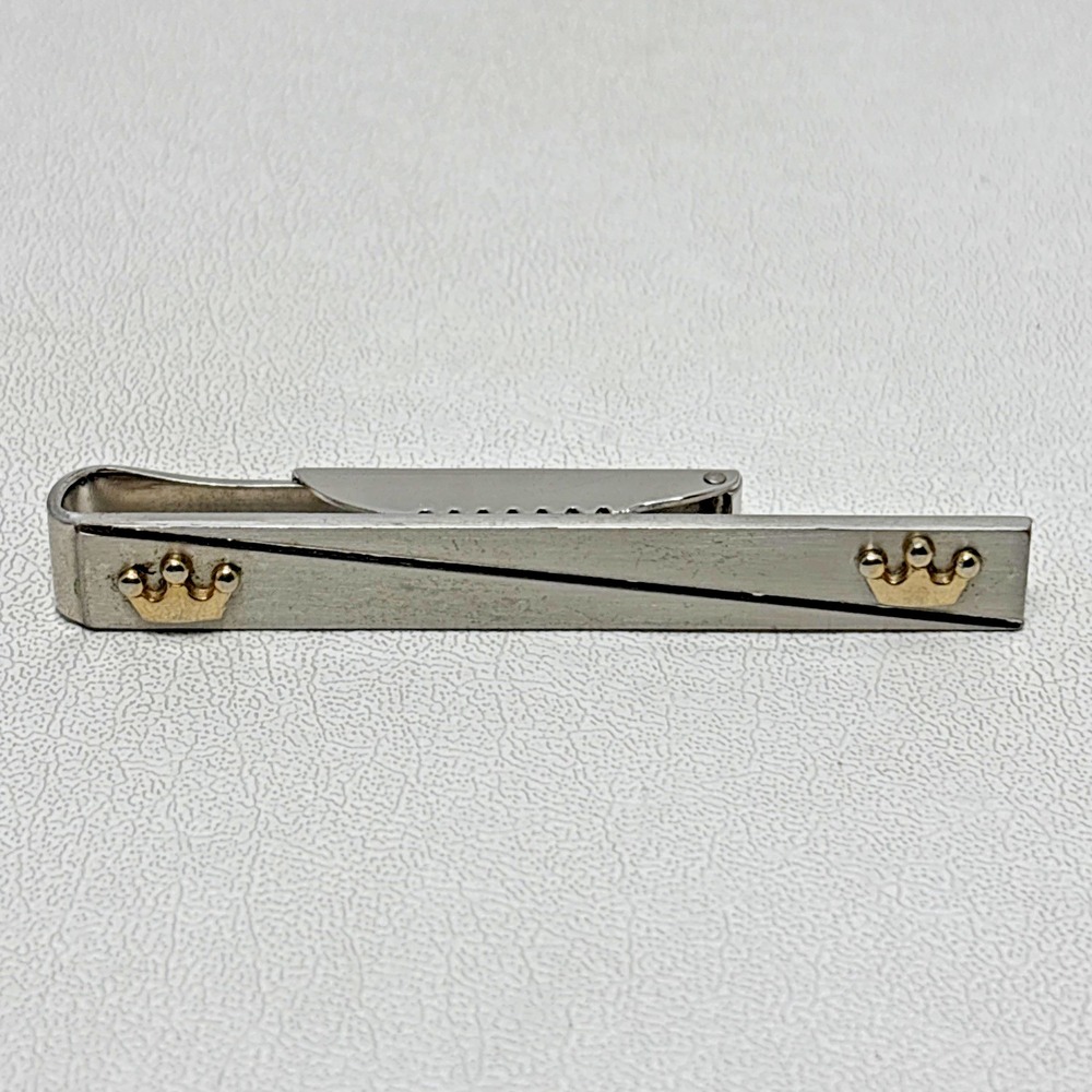 Vintage Swank Silver Gold Tone Tie Clip Crowns On Bar Stamped Signed